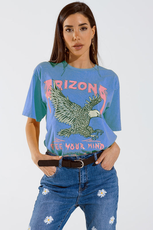 Q2 Arizona T-shirt met adelaar digitale opdruk in blauw
