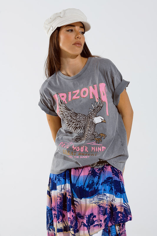 Q2 Arizona T-shirt met adelaar digitale opdruk in grijs