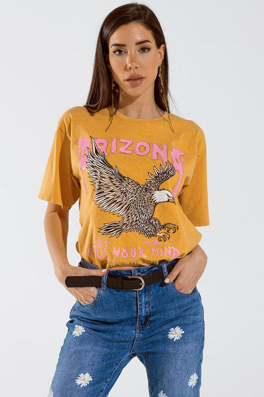 Q2 Arizona T-shirt met adelaar digitale opdruk in oranje