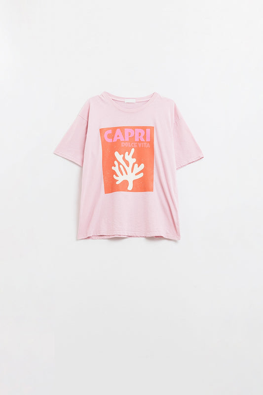 Q2 Baby Roze Capri Dolce Vita T-shirt Met Oranje Grafische Print