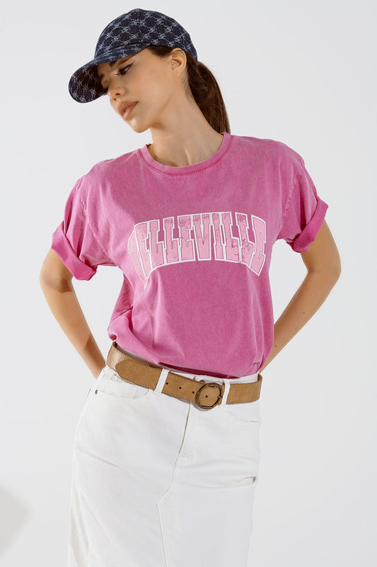 Q2 Belleville T-shirt Met Gewassen Effect In Roze