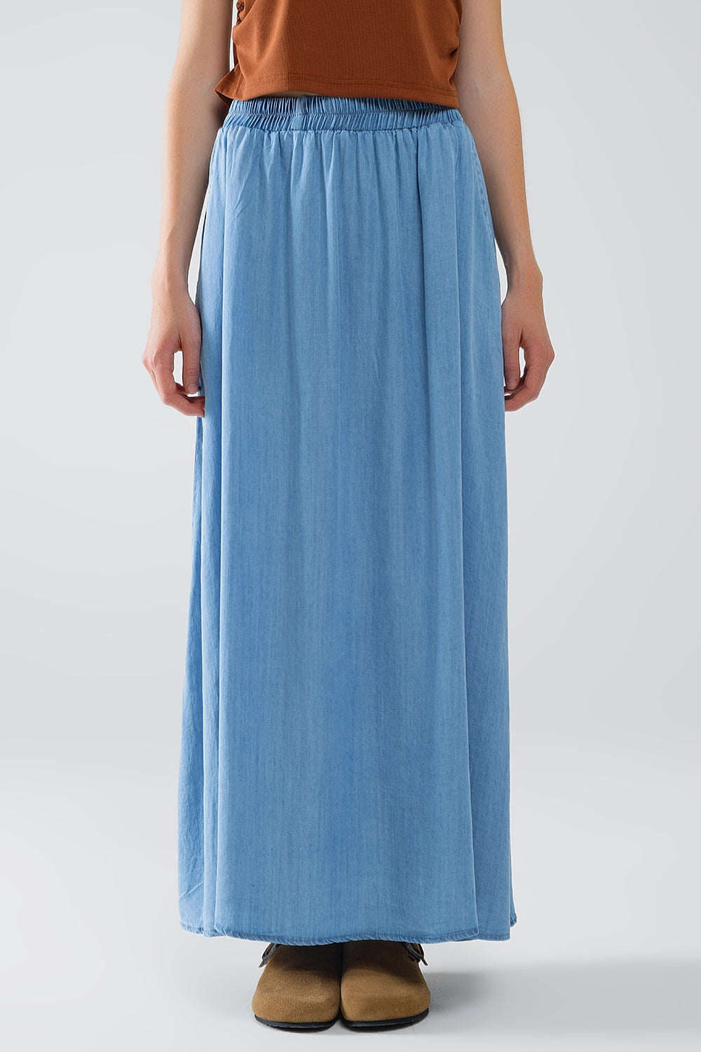 Q2 Blauwe Tencel denim-achtige maxi rok