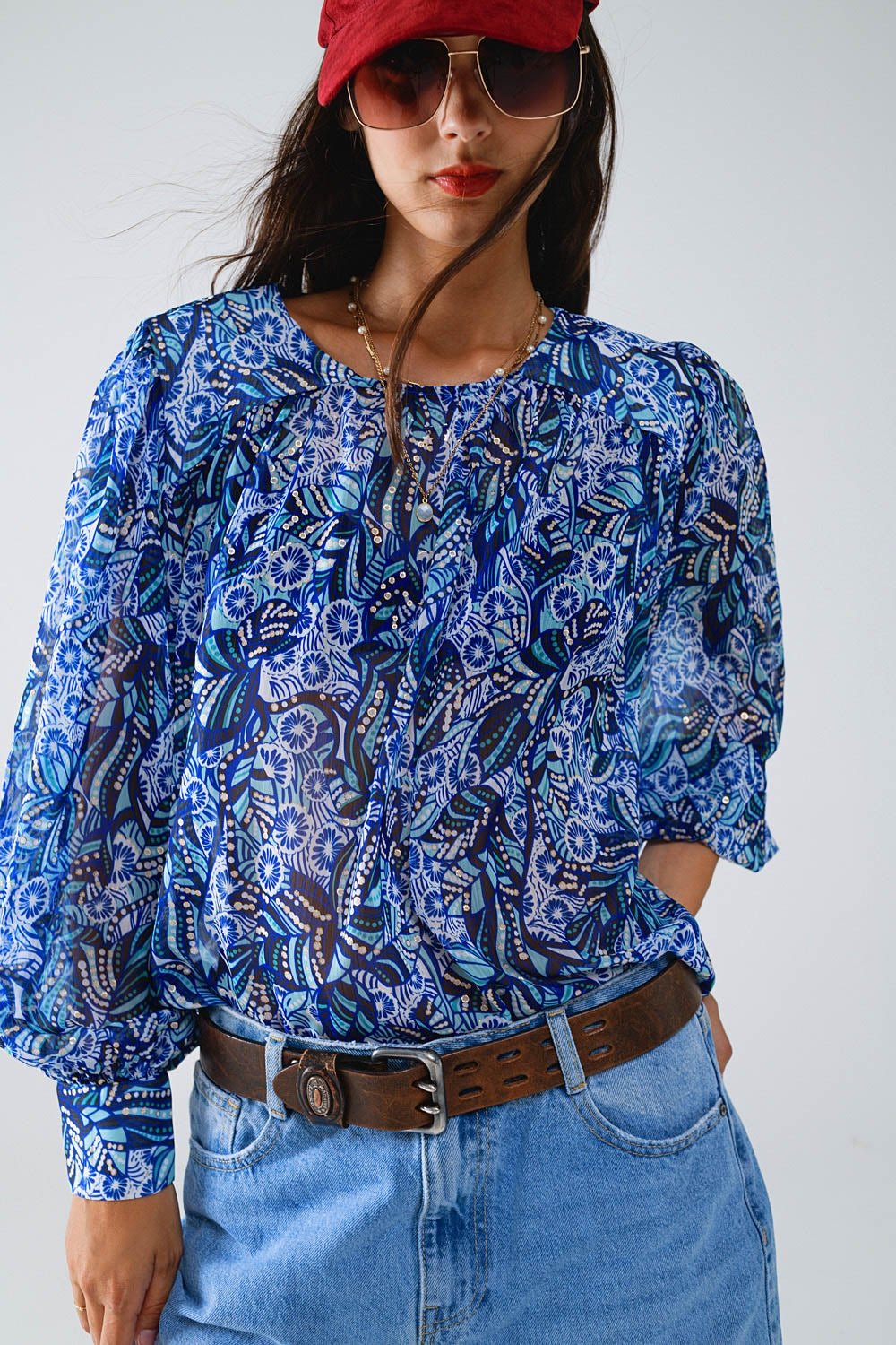 Q2 Blouse met abstracte print en ballonmouwen in blauw