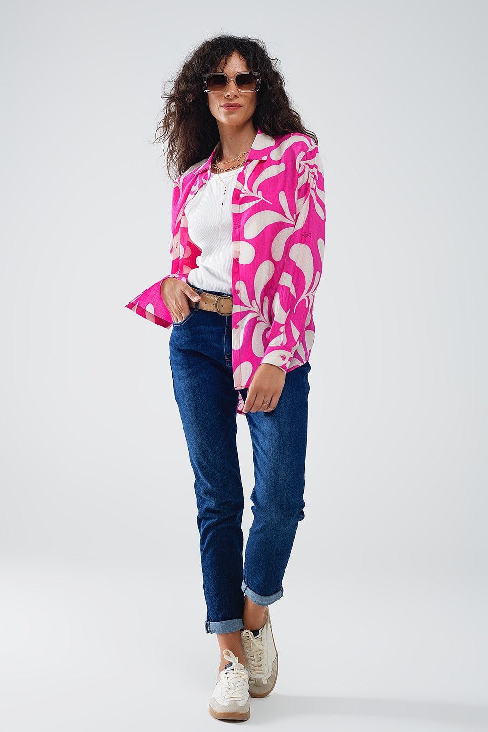 Blouse met bloemenprint en polokraag in Fuchsia