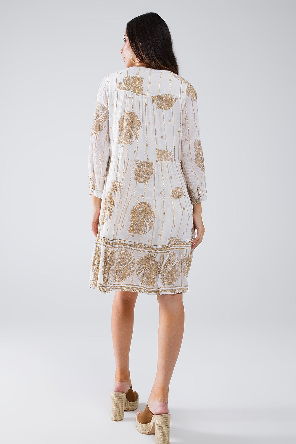 Boho Lange Mouw Jurk Met Bladprint en Lurex Details in Wit