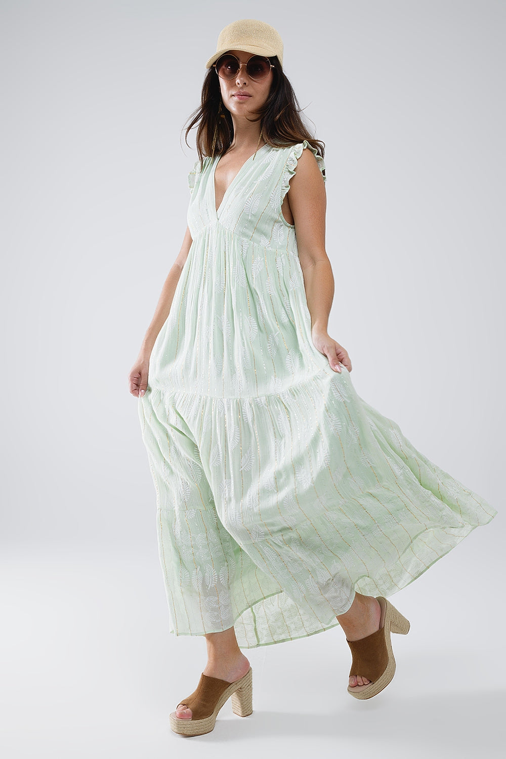 Q2 Boho Maxi Babydoll Jurk Met Bladprint en Lurex in Mint