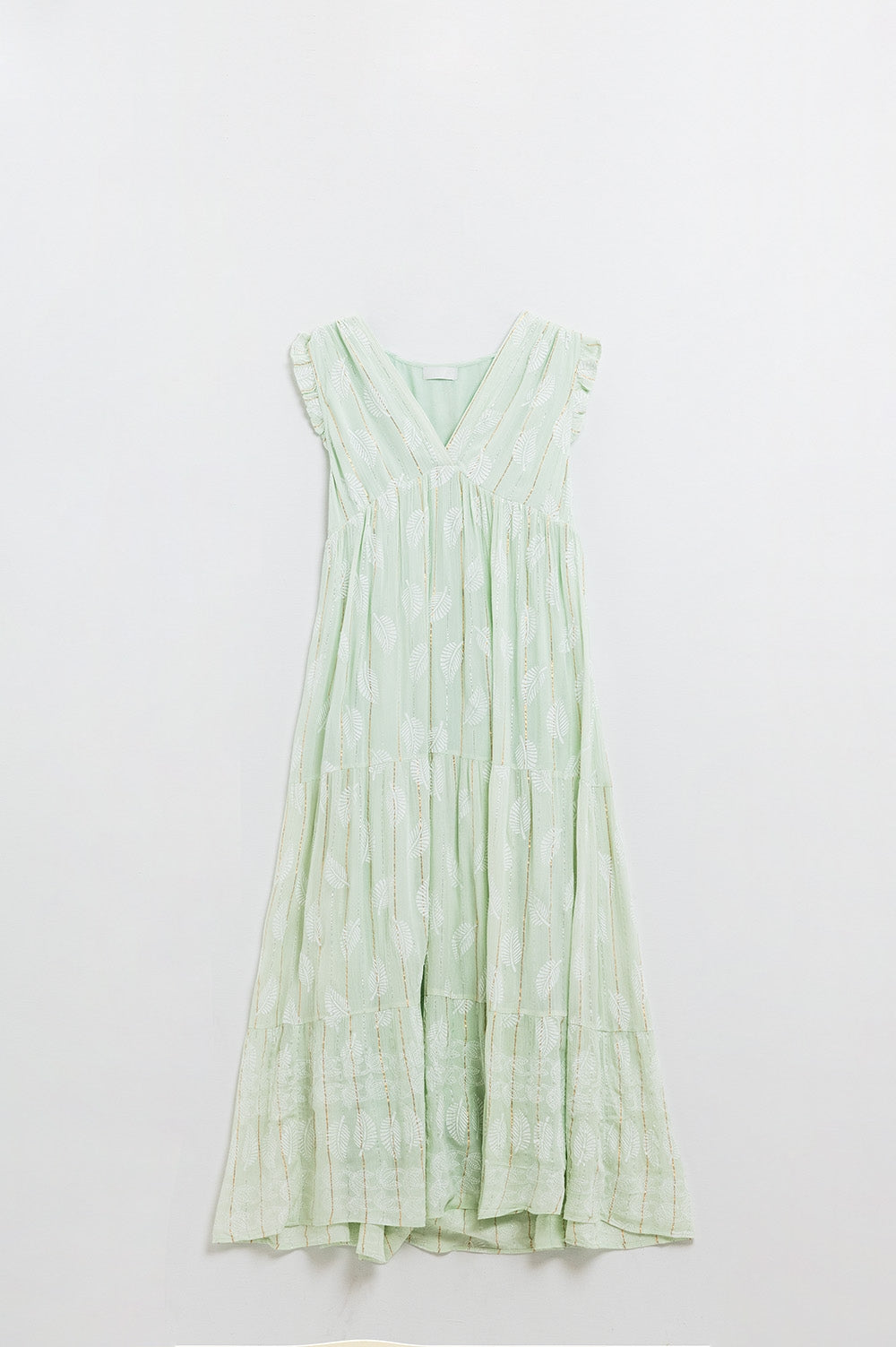 Boho Maxi Babydoll Jurk Met Bladprint en Lurex in Mint