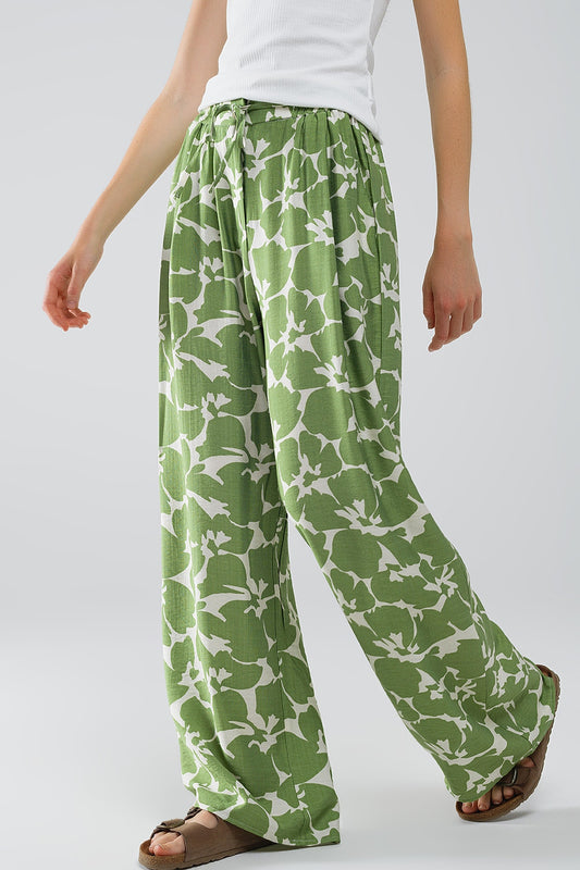 Q2 Broek met elastische taille en groene bloemenprint