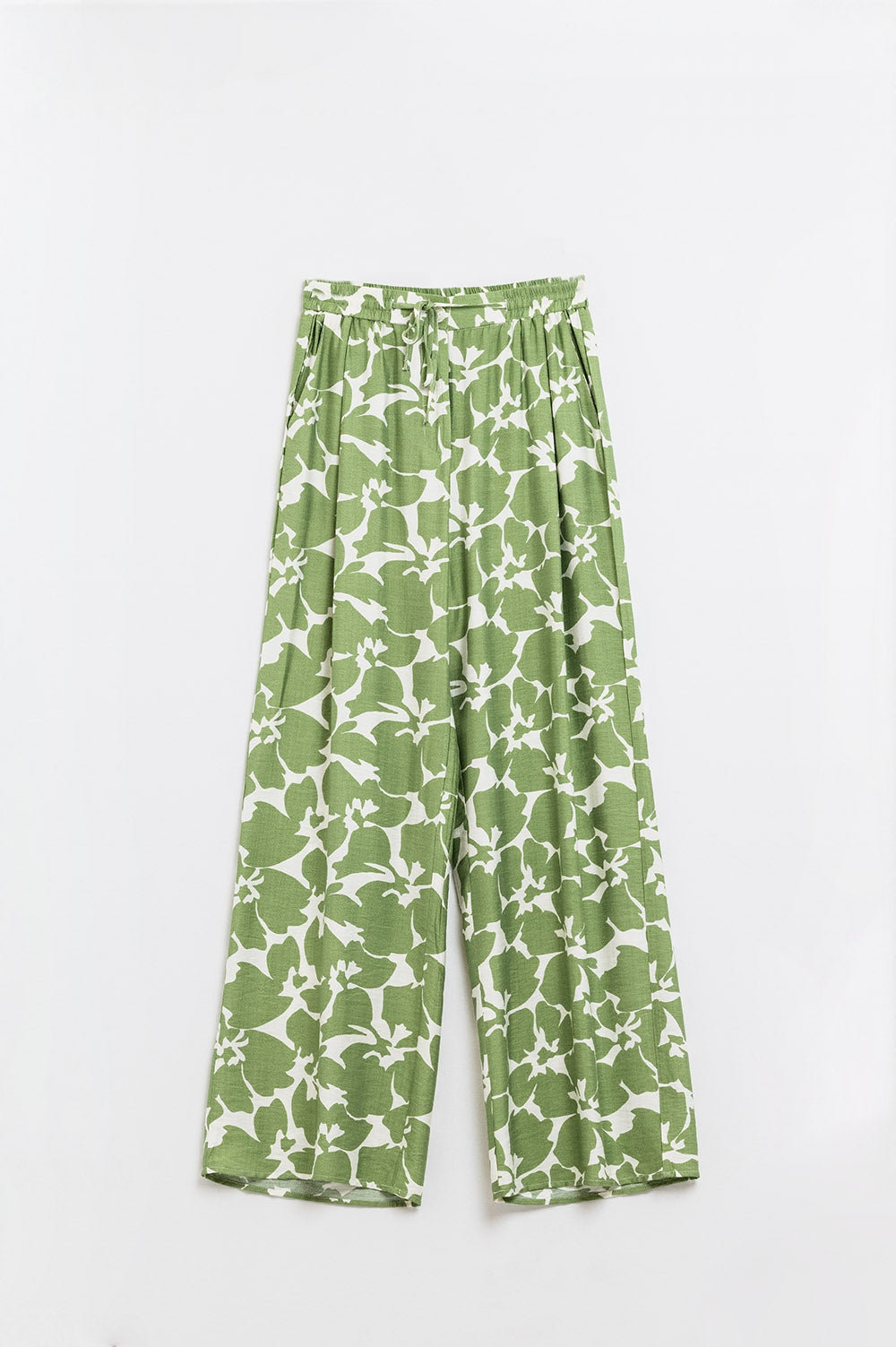 Broek met elastische taille en groene bloemenprint