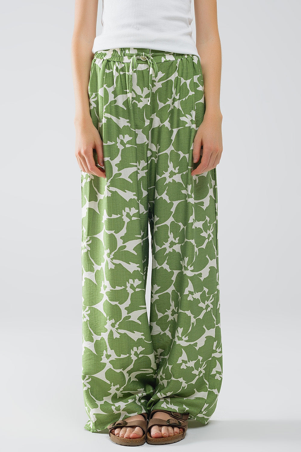 Broek met elastische taille en groene bloemenprint