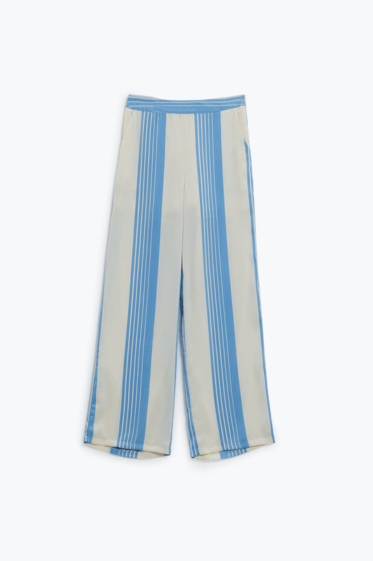 Q2 Crème broek met verticale lichtblauwe strepen