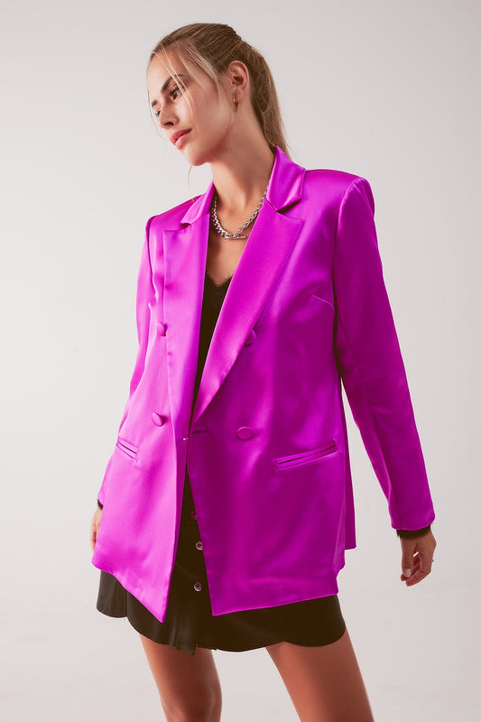 Q2 Double breasted blazer van satijn in fuchsia