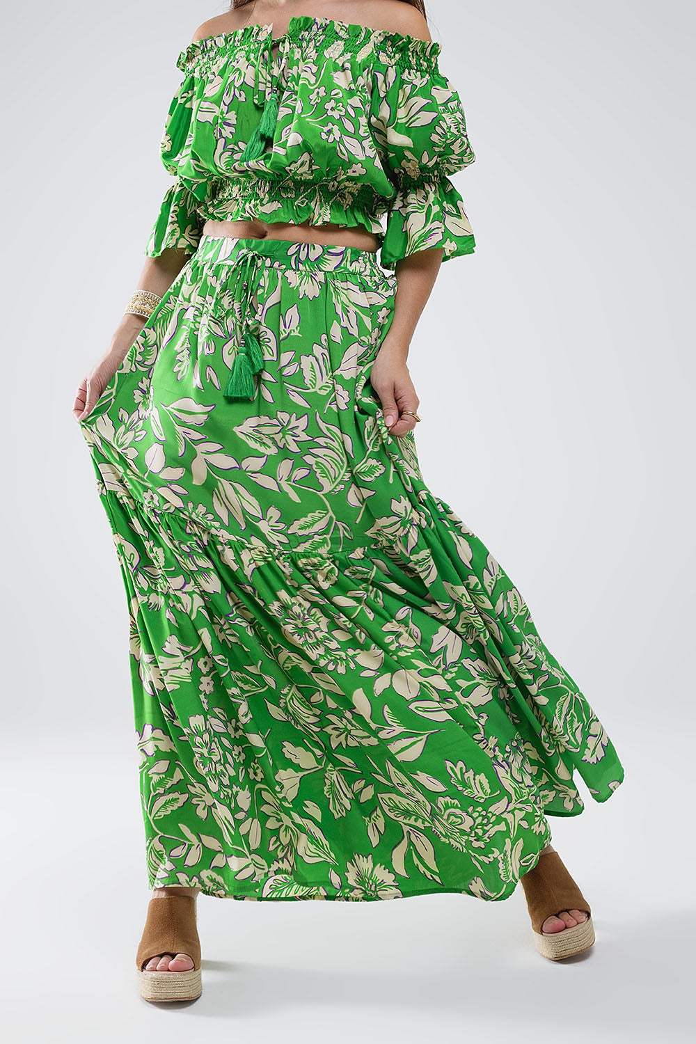 Gelaagde Maxi Rok In Groen Bloemenprint