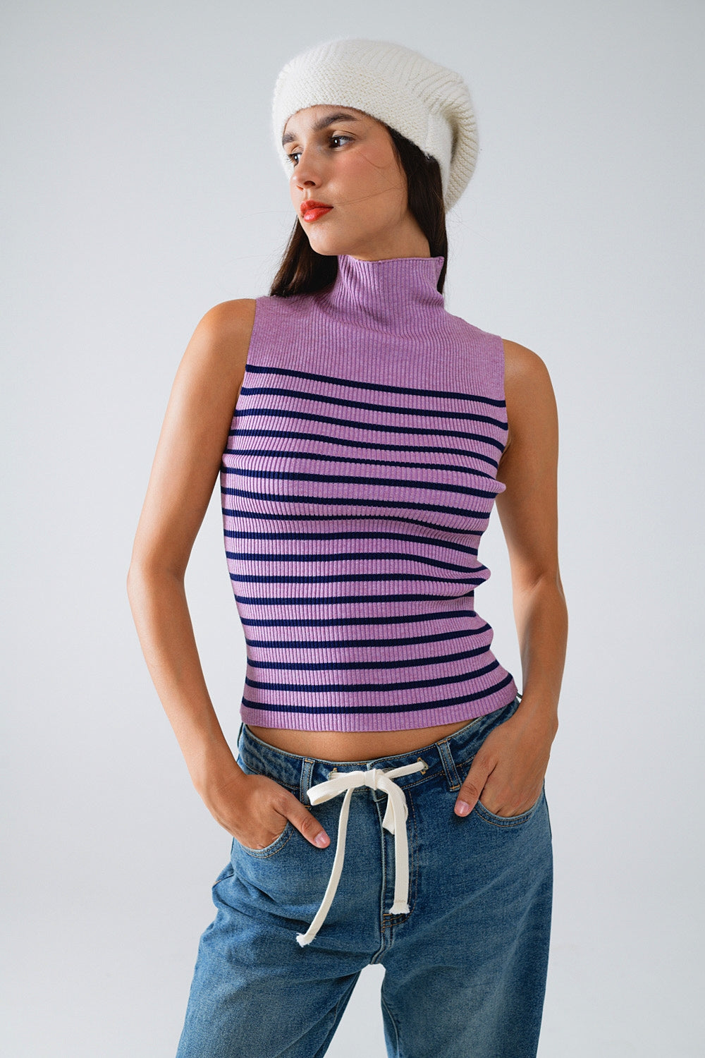 Q2 Gestreepte Schildpad Hals Tanktop In Lavander