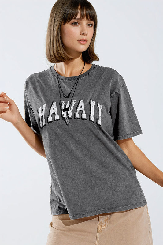 Q2 Gewassen effect Hawaii T-shirt in grijs