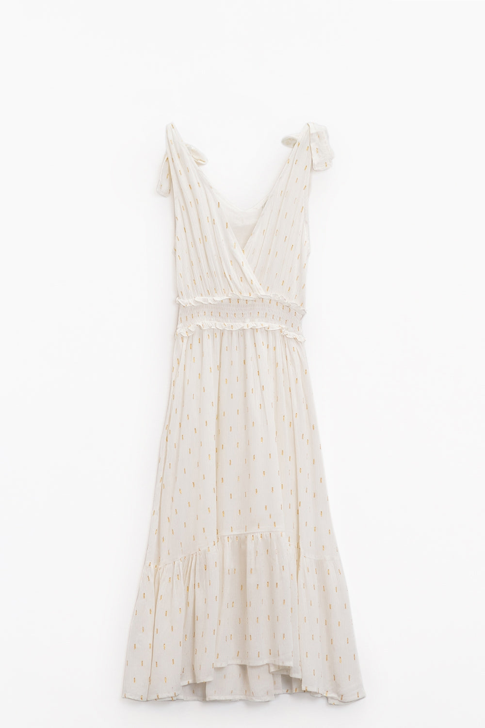 Gewikkelde witte midi-jurk met smokdetail in de taille en gouden stippen
