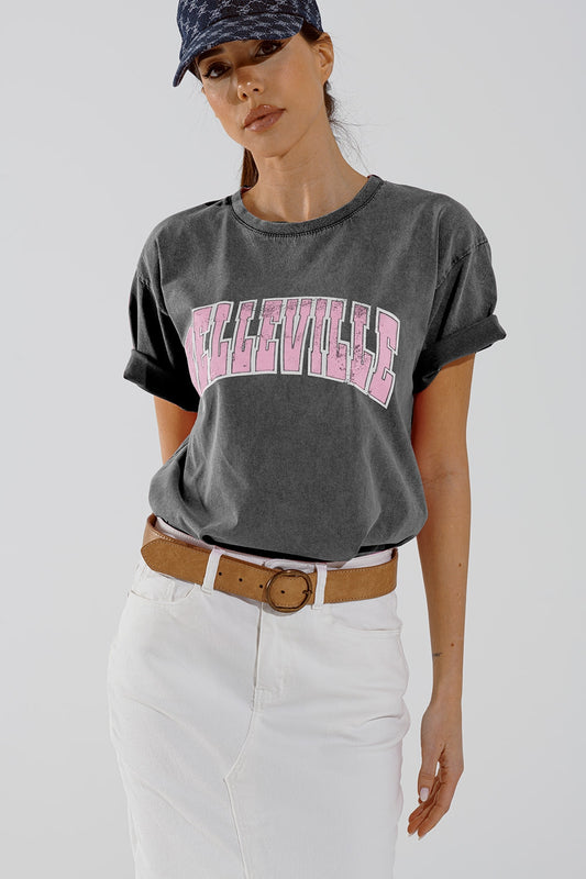 Q2 Grijs Crew Neck T-shirt Met Belleville tekst