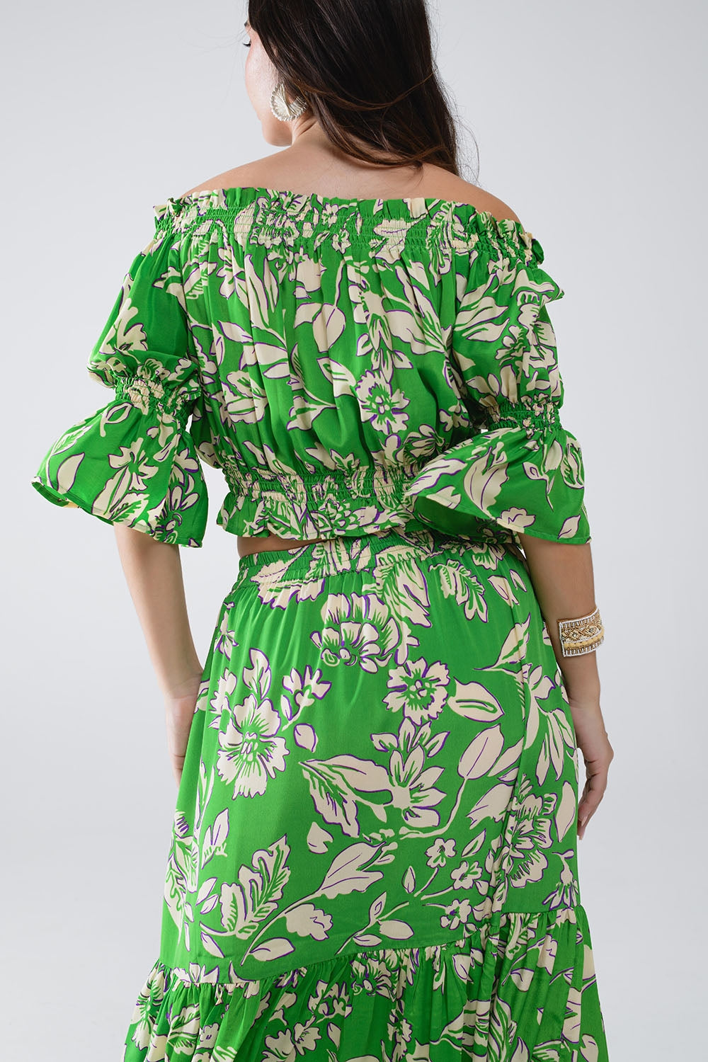 Groene Off The Shoulder Top met Elastische Taille in Bloemenprint