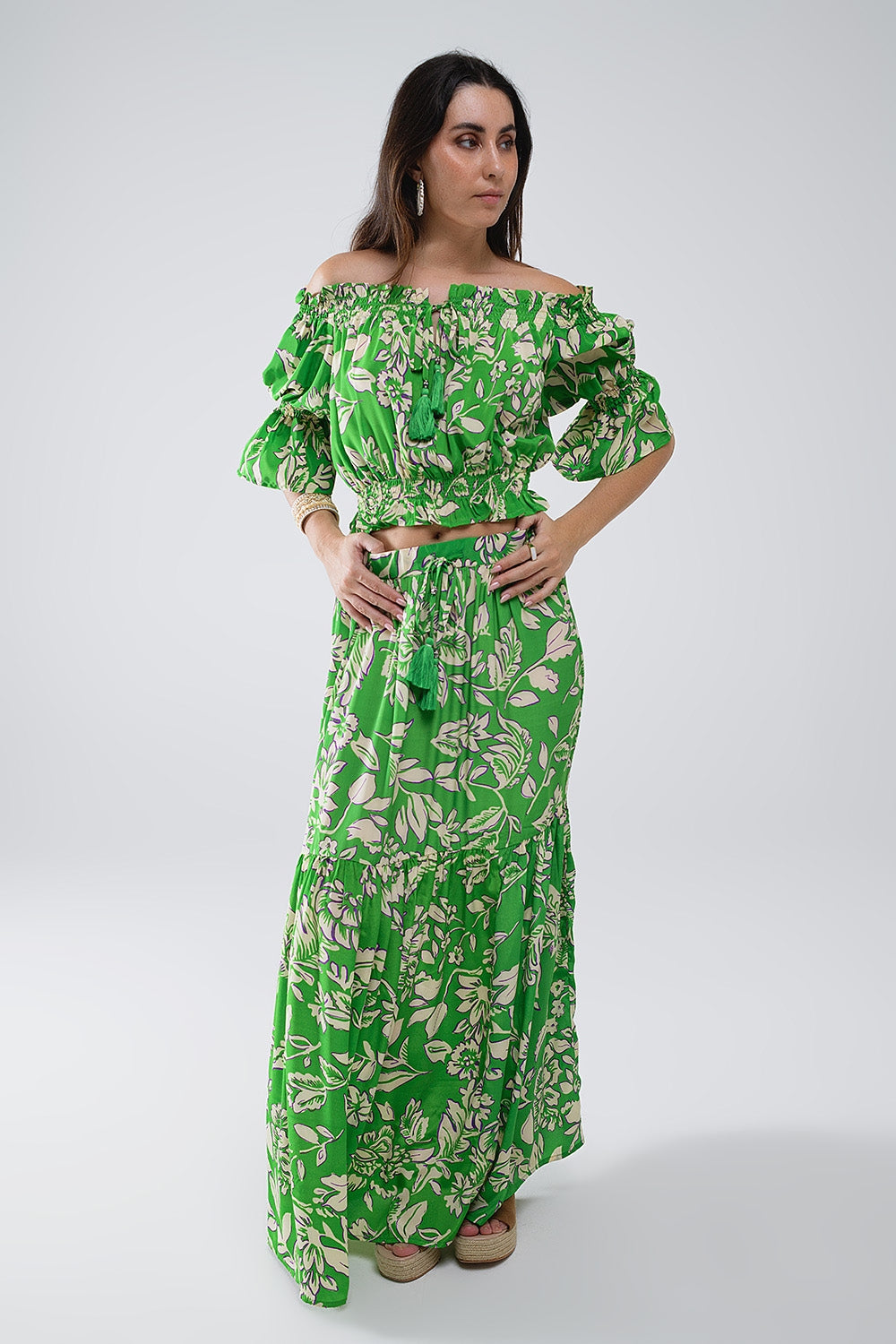 Groene Off The Shoulder Top met Elastische Taille in Bloemenprint