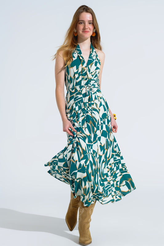 Q2 Halter midi jurk met geplooide taille in abstract groen en witte print