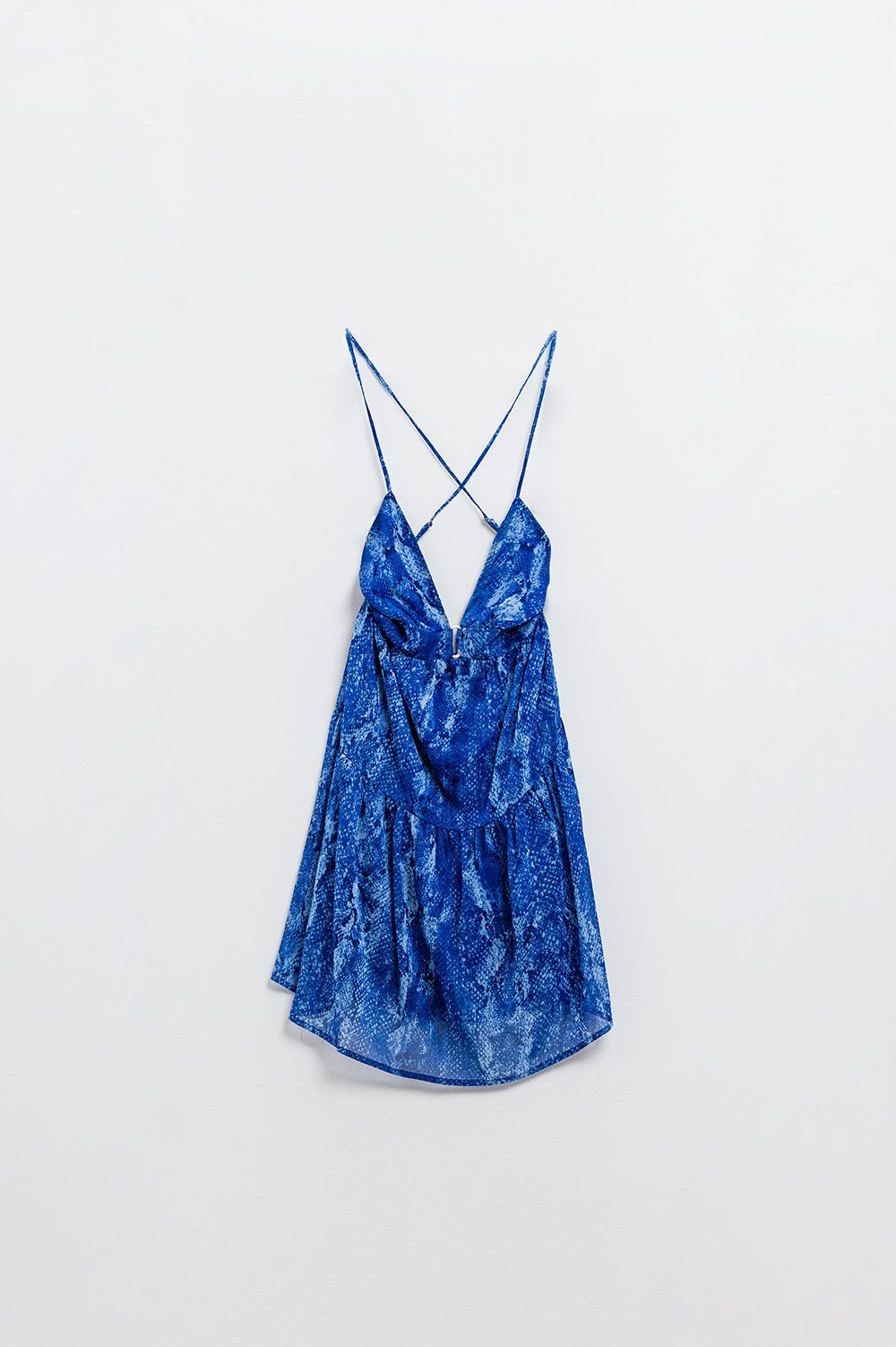 Halter open rug BabyDoll Jurk in slangenblauw print