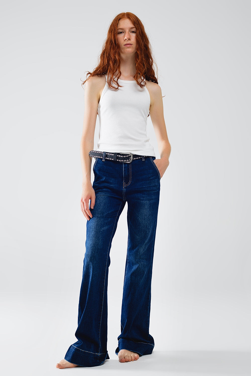 Hoge taille donkerblauwe flare jeans