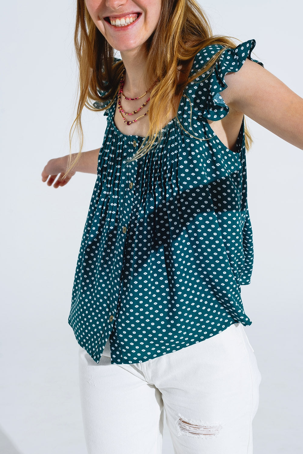 Knoop Blouse Met Frilly Korte Mouwen en Bloemenprint in Groen