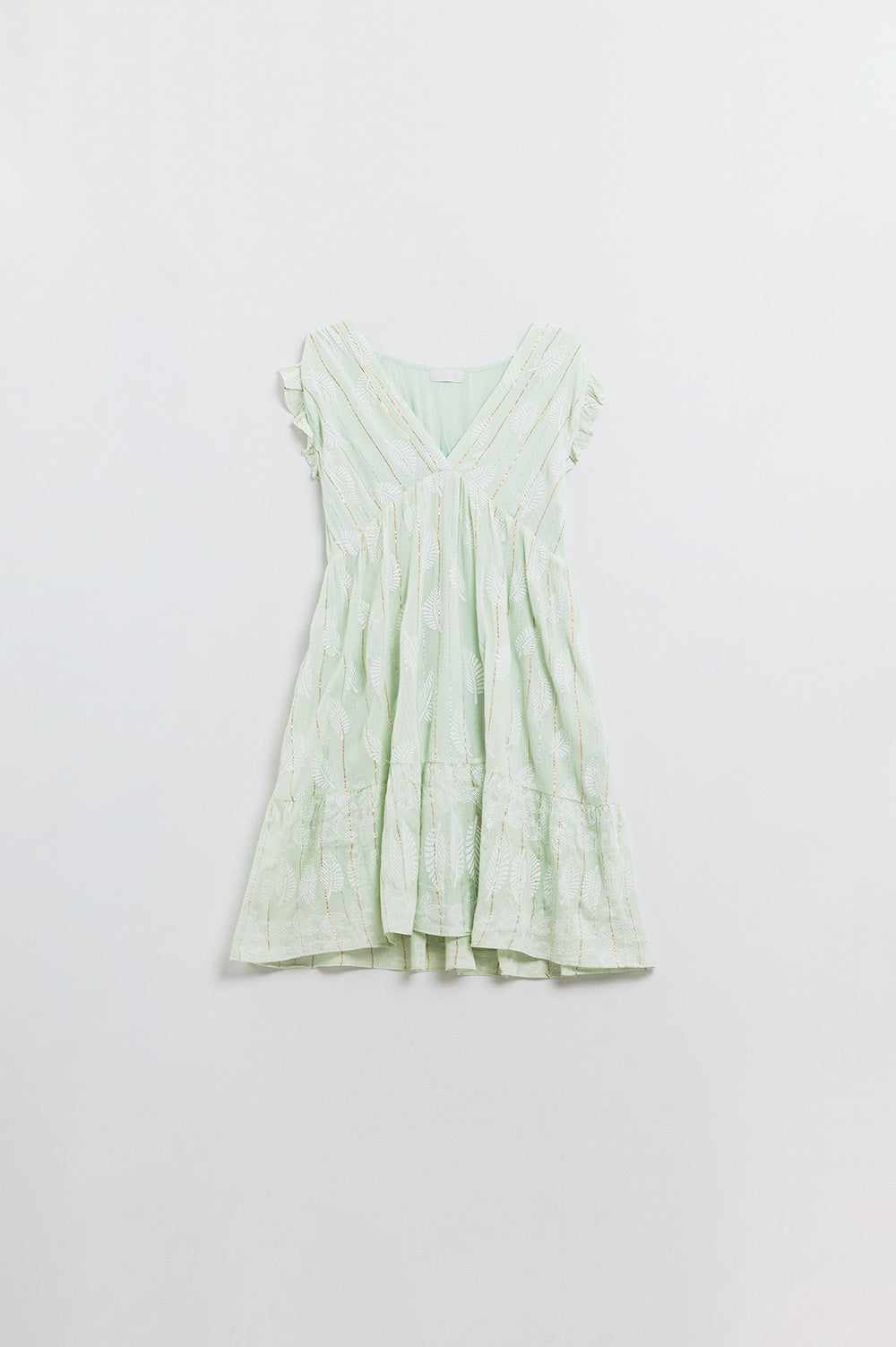 Korte Babydoll Jurk Met Bladprint En Lurex Garen in Mint