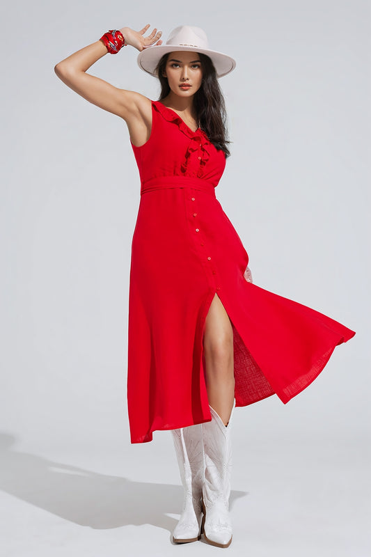 Q2 lange rode jurk met ruches en knoopdetail