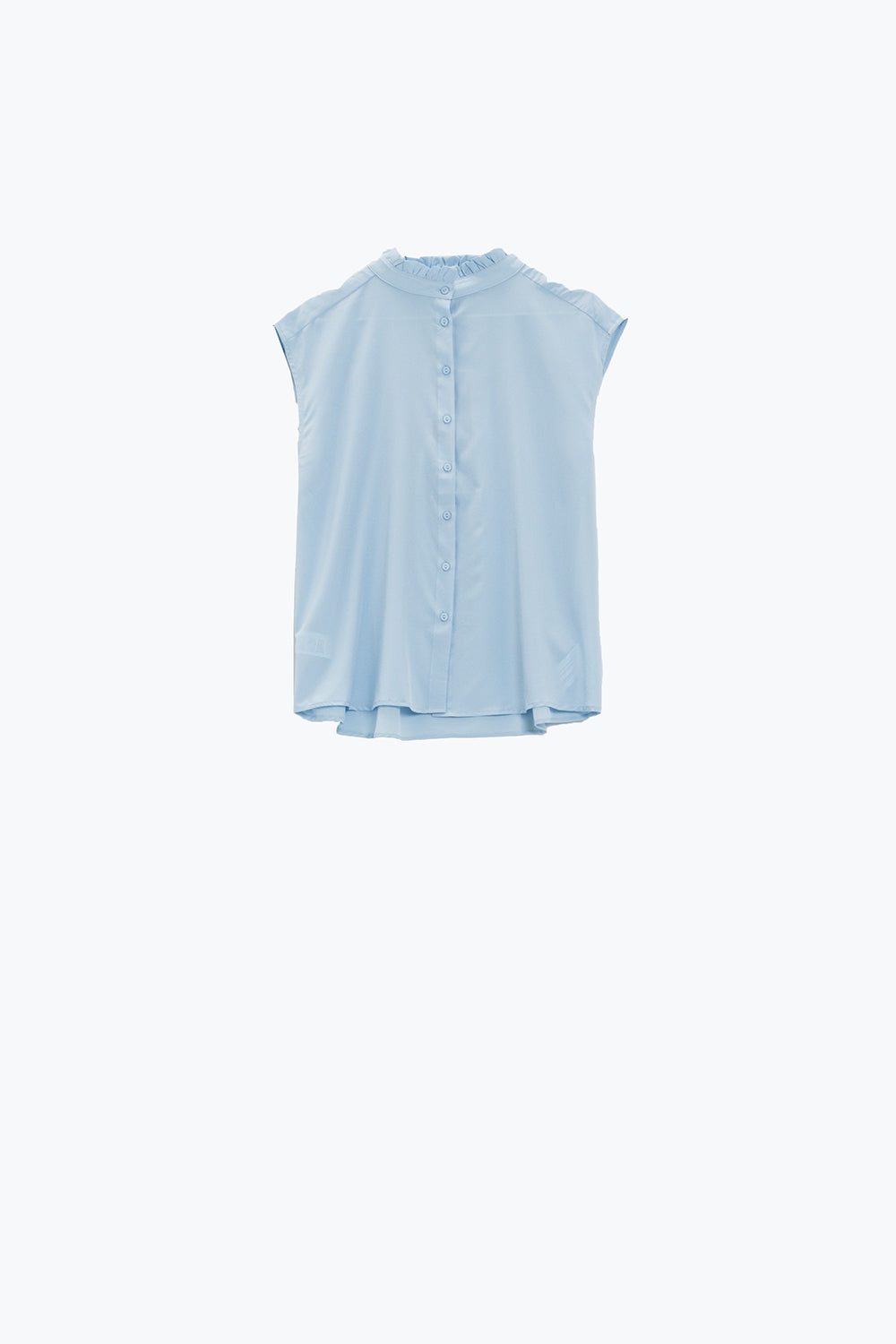 Mao Kraag Mouwloos Blauw Knoop Blouse