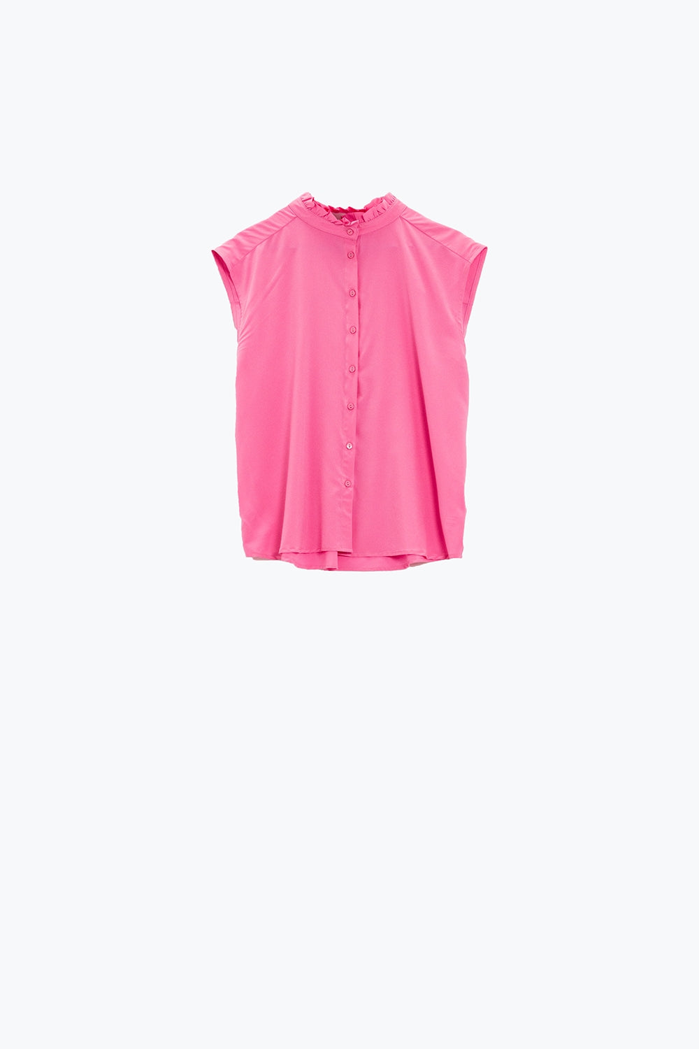 Mao Kraag Mouwloos Roze Knoop Blouse