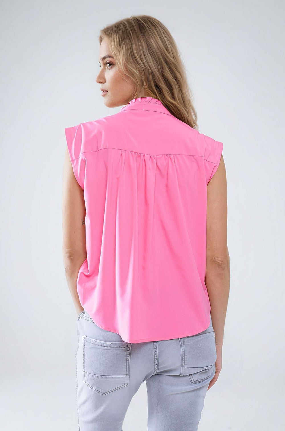 Mao Kraag Mouwloos Roze Knoop Blouse