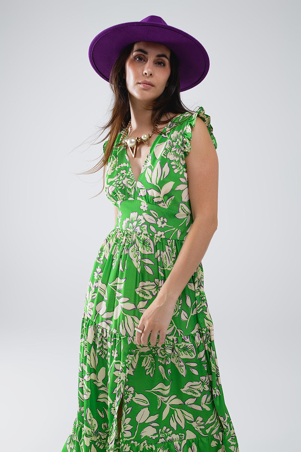 Maxi Cinched Waist Bloemenprint Jurk in Groen