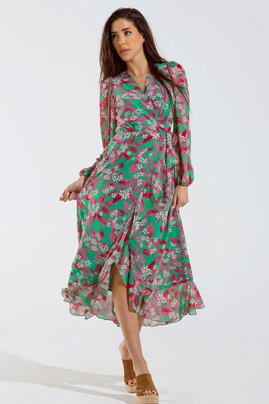 Q2 maxi jurk met bloemenprint in groen