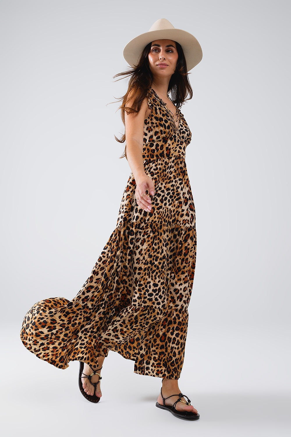 Maxi Luipaardprint jurk met geknoopte taille