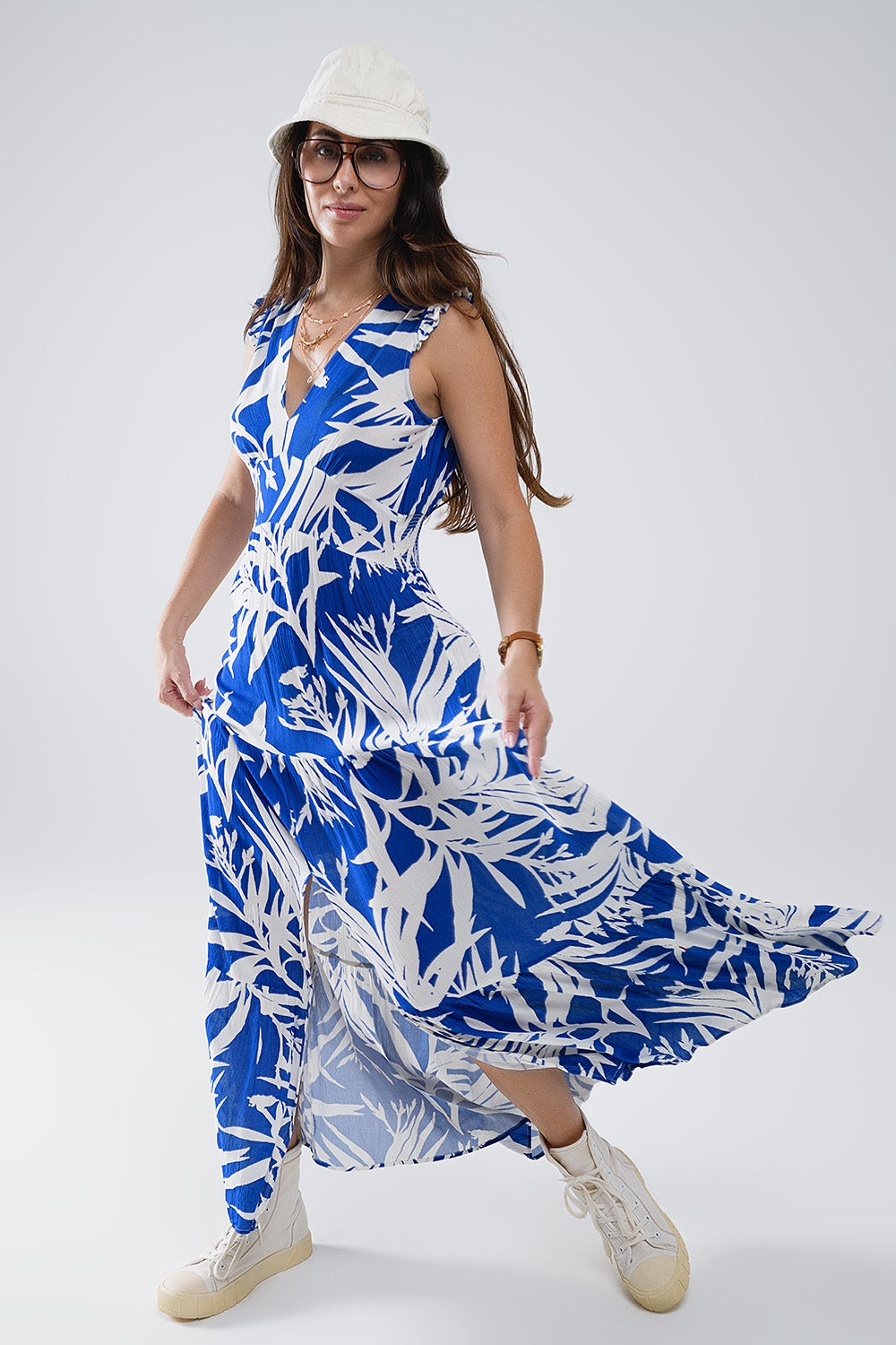 Q2 Maxi Tropical Print V-hals Jurk Met Split in Blauw