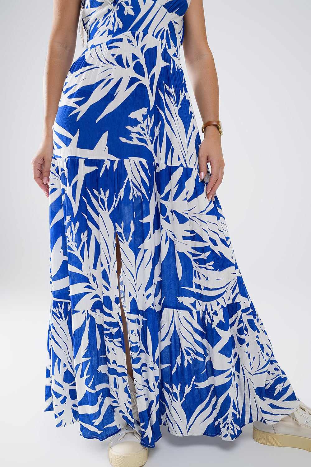 Maxi Tropical Print V-hals Jurk Met Split in Blauw