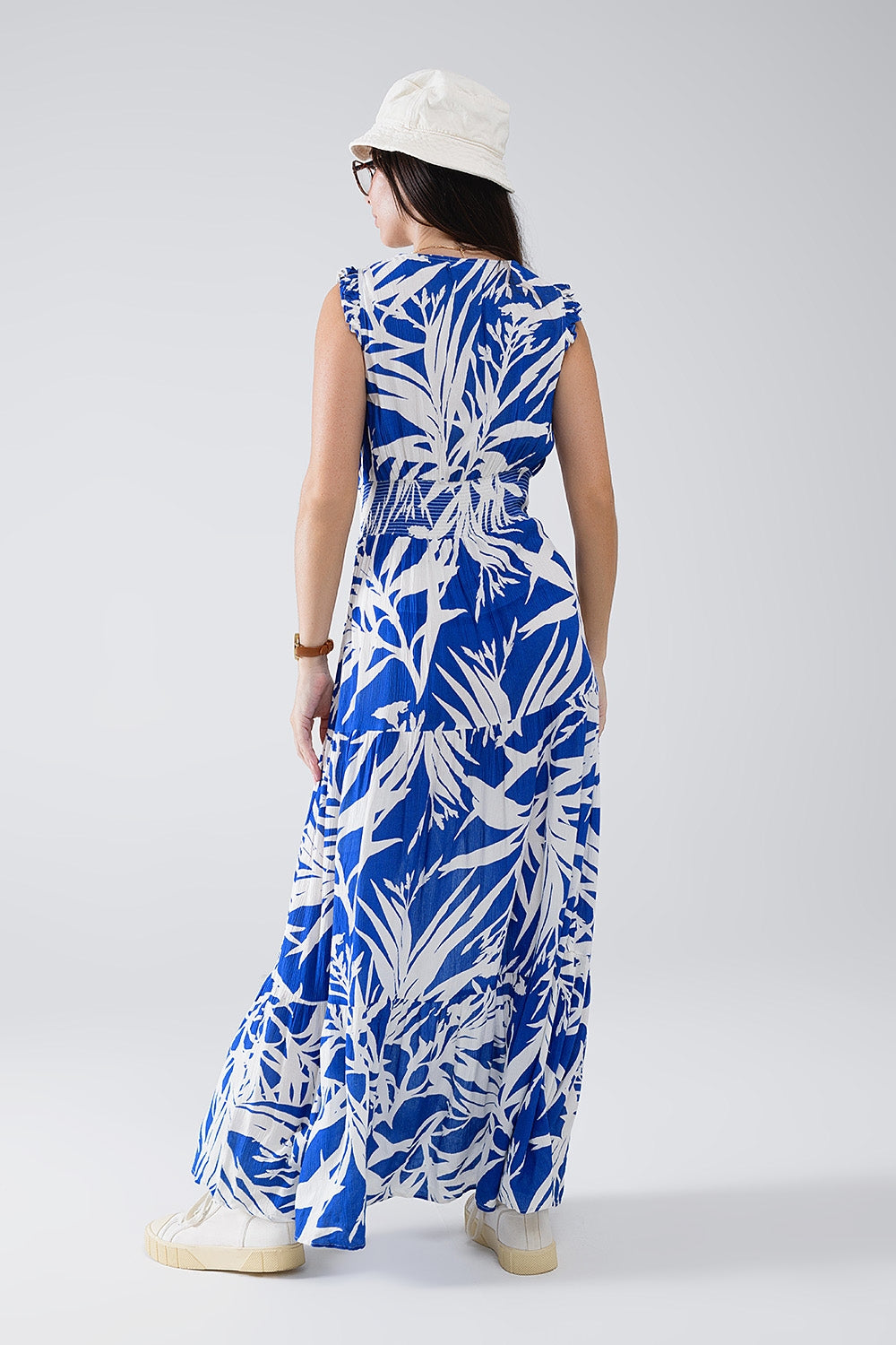 Maxi Tropical Print V-hals Jurk Met Split in Blauw