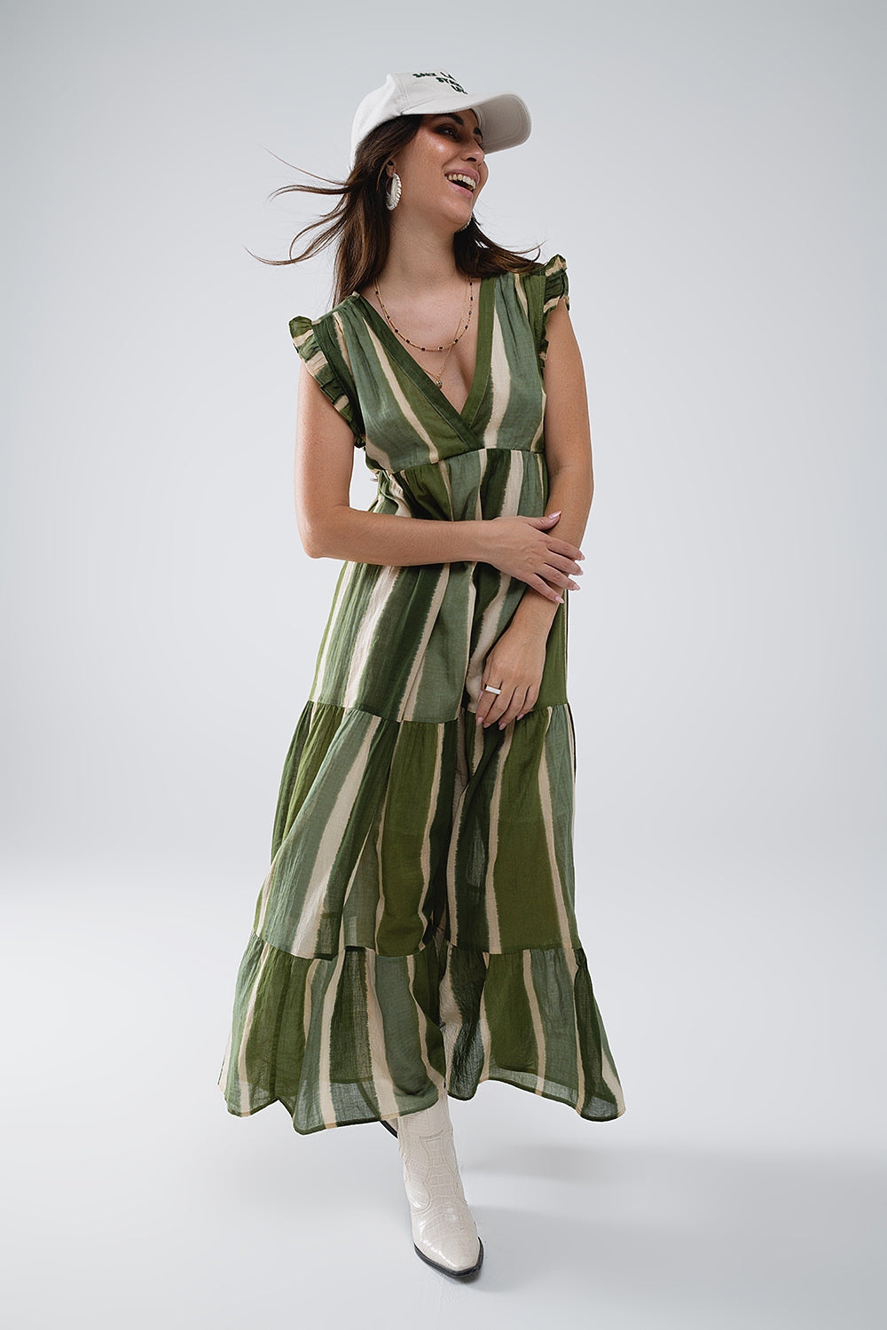 Maxi V-Hals Jurk Met Rok In Gestreept Tie-dye Groen