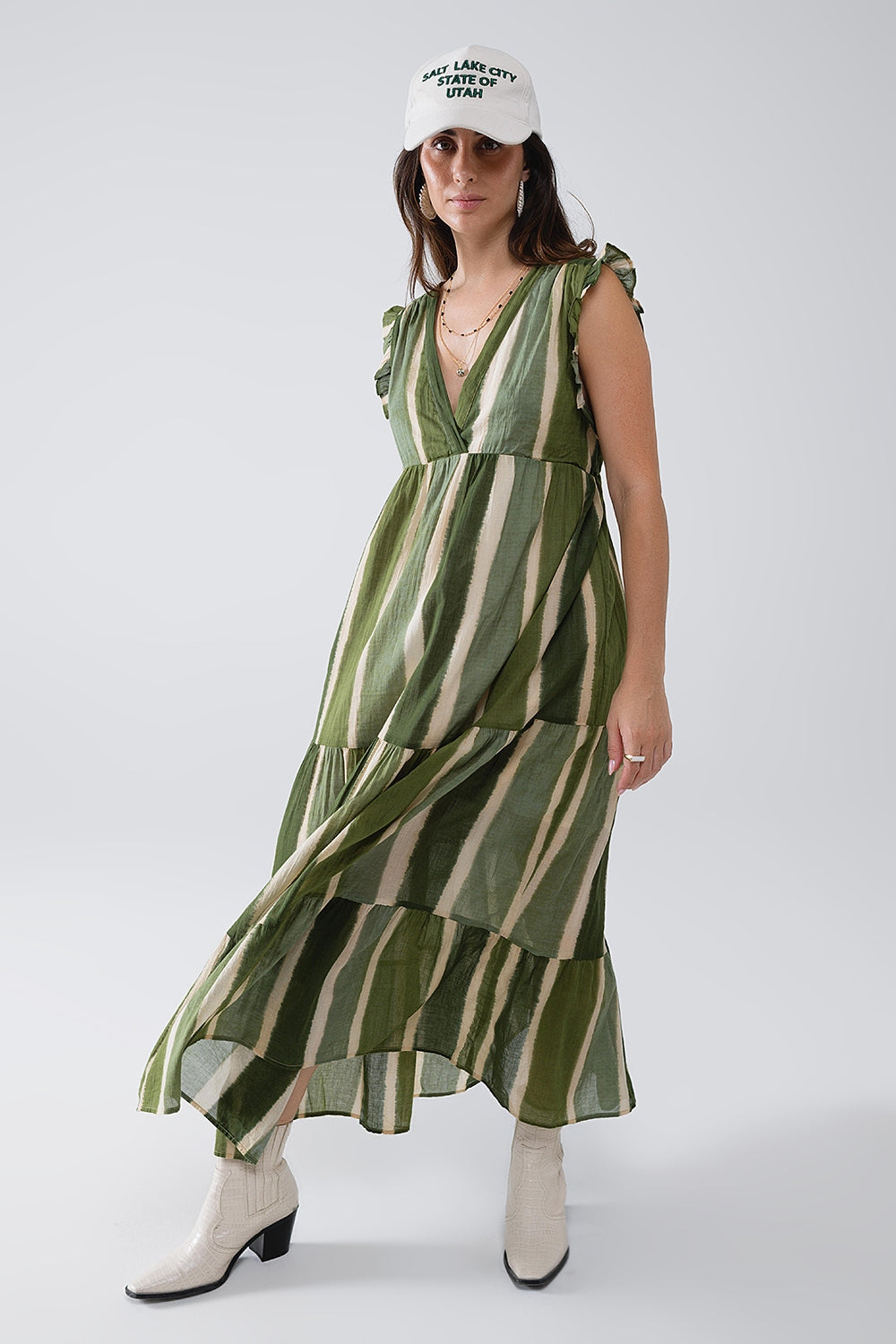 Maxi V-Hals Jurk Met Rok In Gestreept Tie-dye Groen