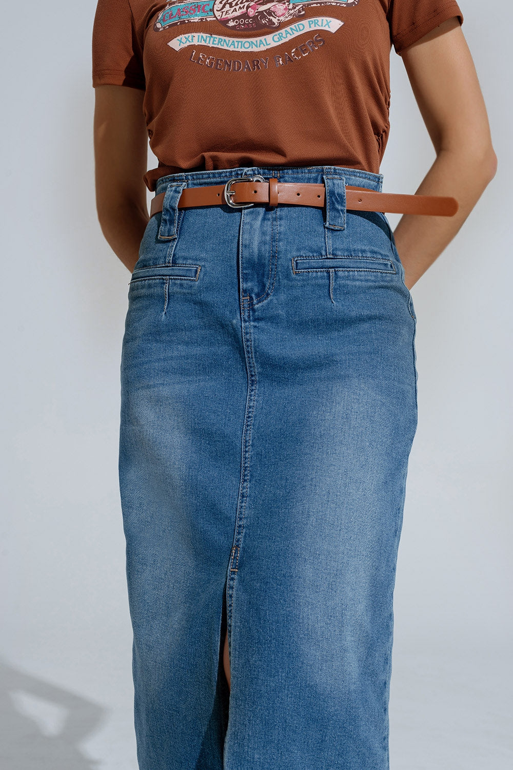 Midi denim rok in blauw met split aan de voorkant