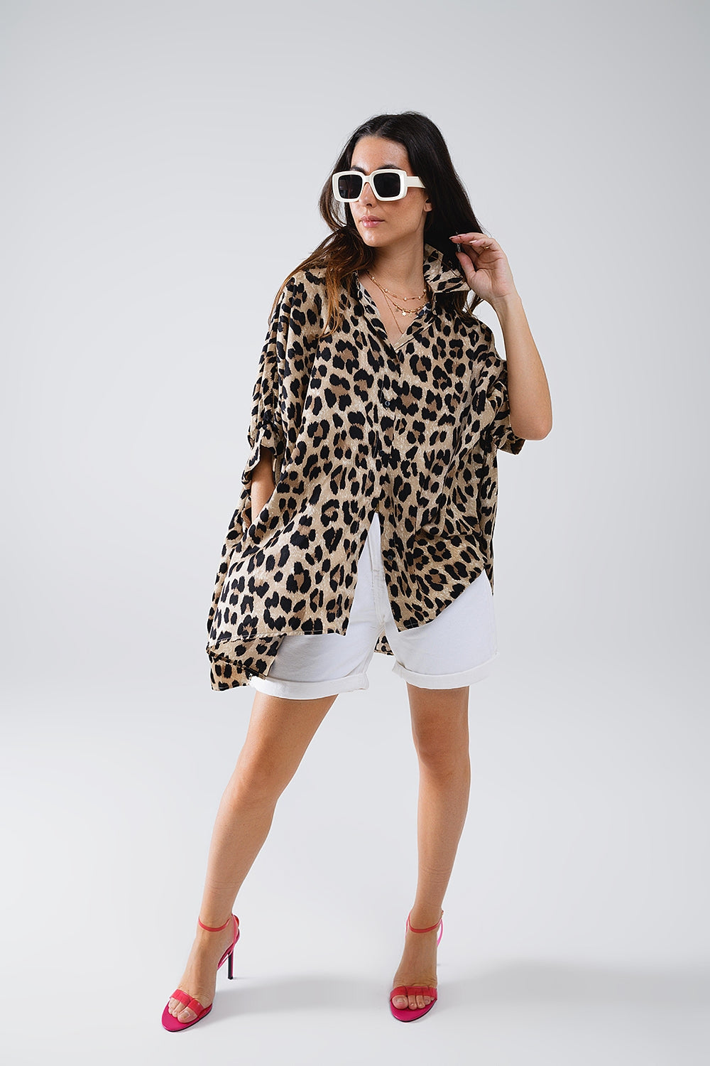 Oversized shirt met luipaardprint en 3/4 mouwen