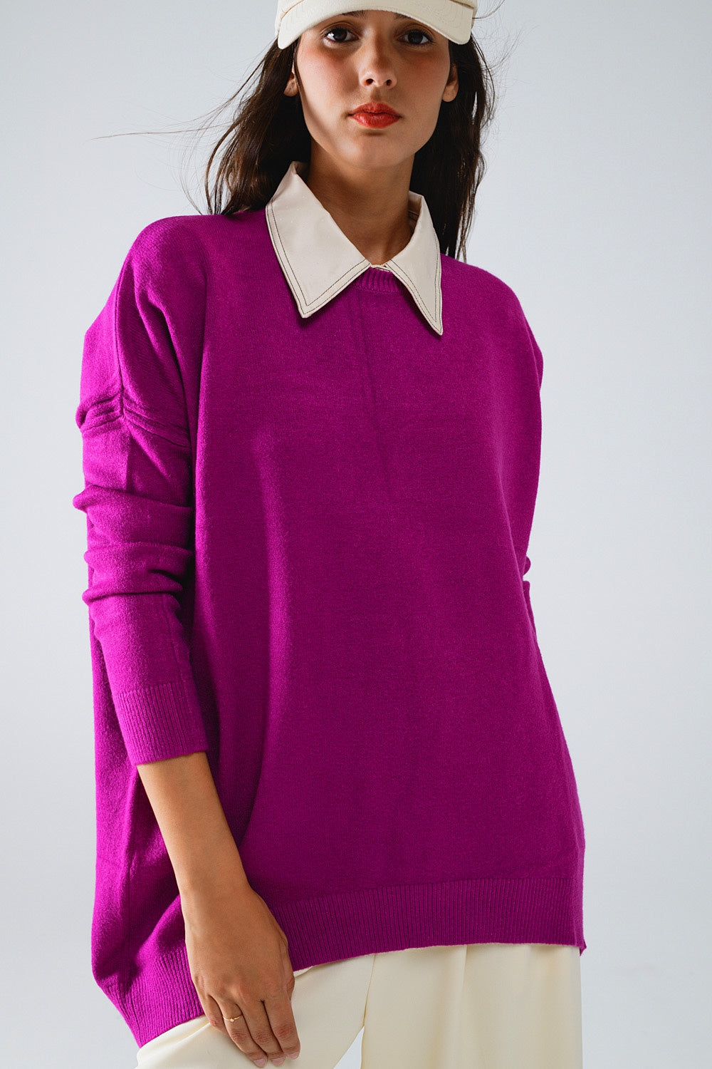 Q2 Oversized Sweater met lange mouwen en ronde hals in Fuchsia