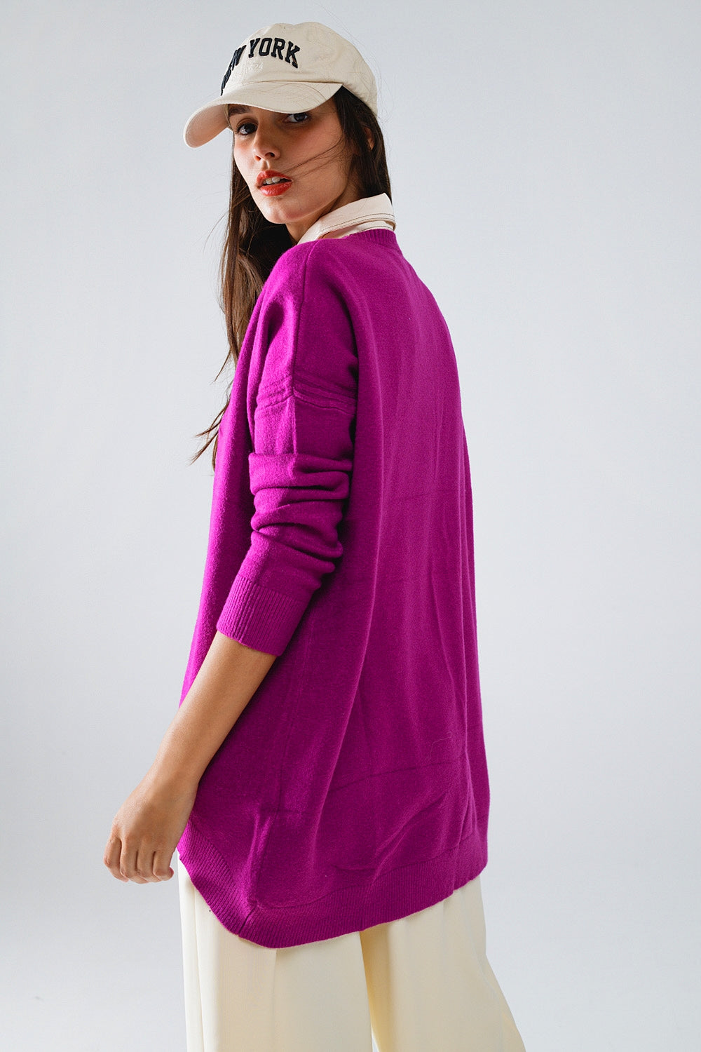 Oversized Sweater met lange mouwen en ronde hals in Fuchsia