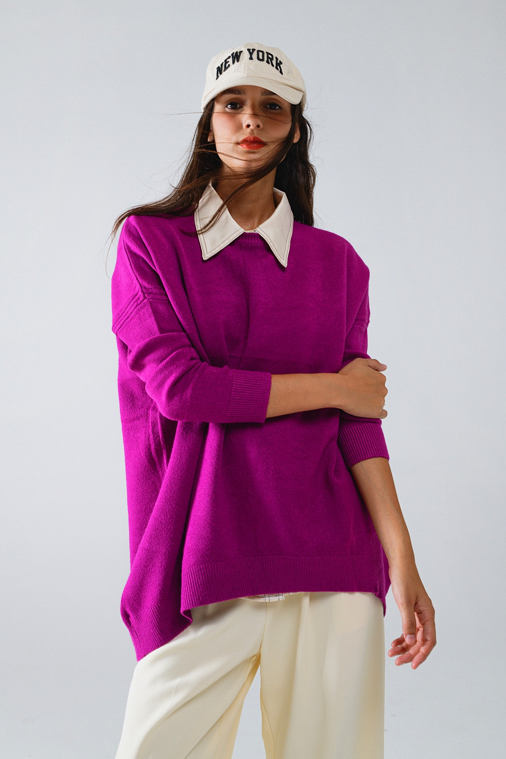 Oversized Sweater met lange mouwen en ronde hals in Fuchsia