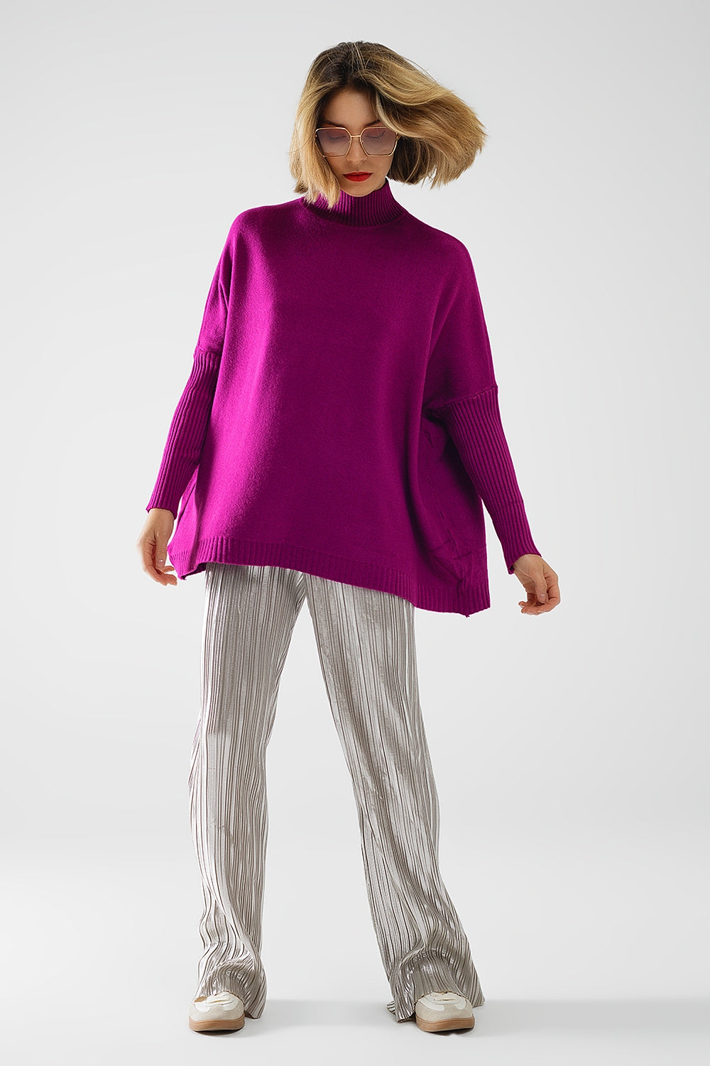 oversized zachte fuchsia trui met geribde mouwen