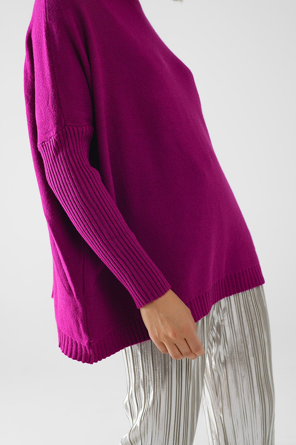 oversized zachte fuchsia trui met geribde mouwen