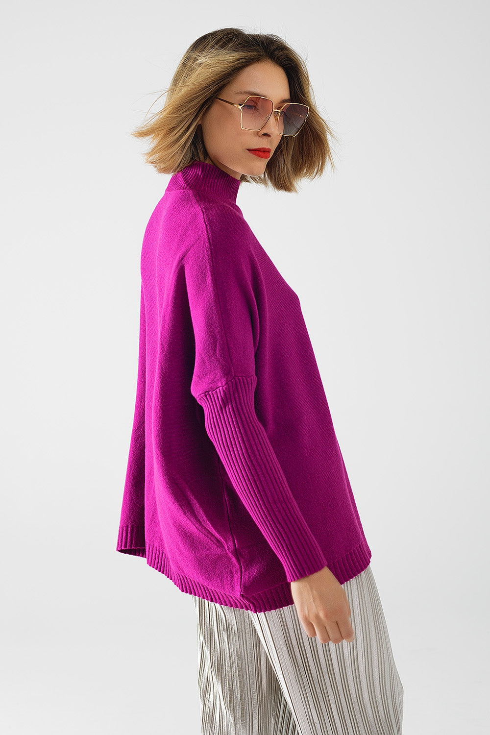 oversized zachte fuchsia trui met geribde mouwen