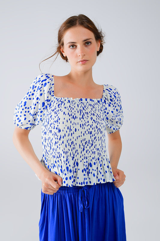 Q2 Peplum Gerimpelde Witte Blouse Met Blauwe Stippen