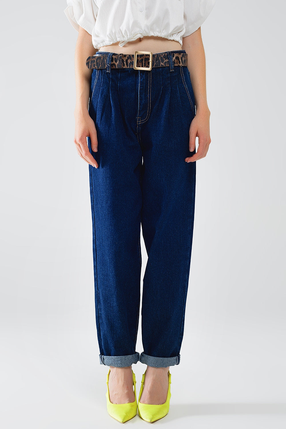 Q2 raw blauwe mom jeans met plooidetail